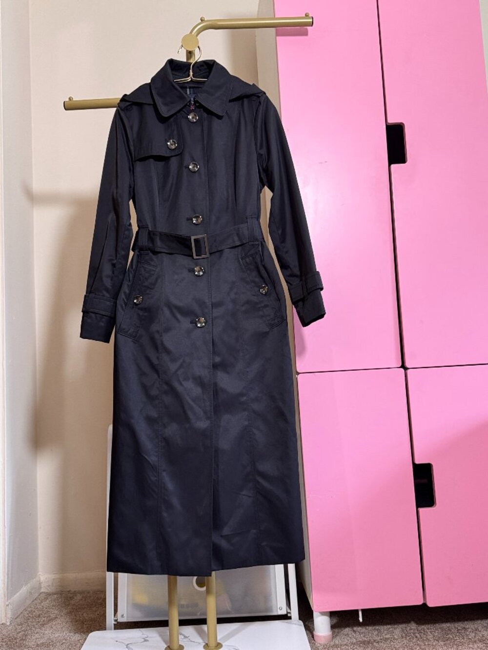 London Fog Black Long Trench Coat Belted Hooded Thick XS